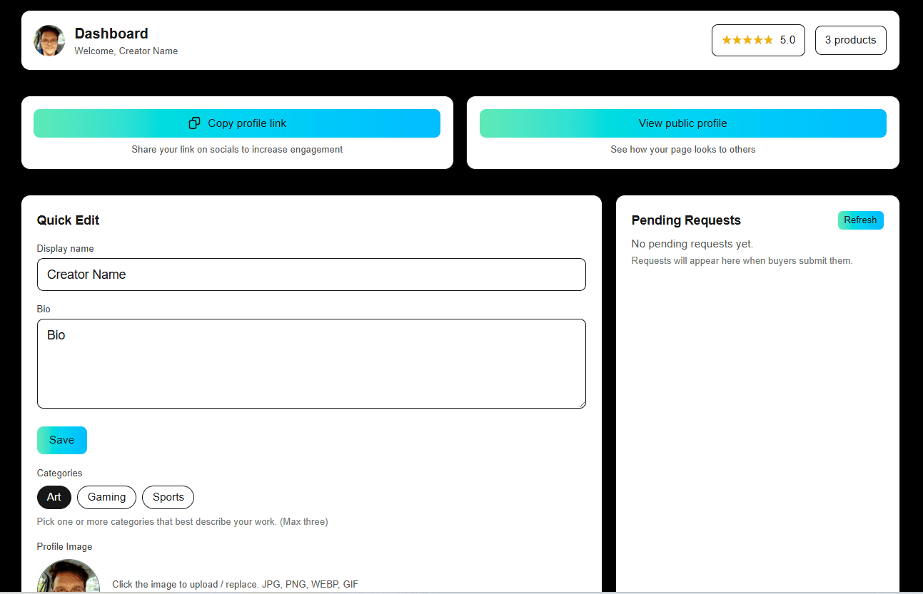 Creator dashboard profile and settings
