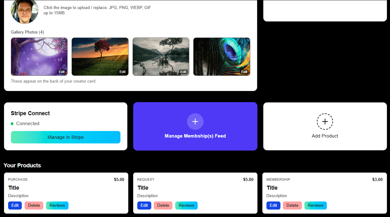 Creator dashboard products management