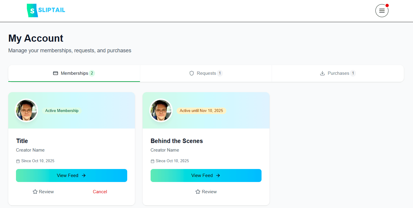 My Purchases page showing a grid of past purchases with quick actions